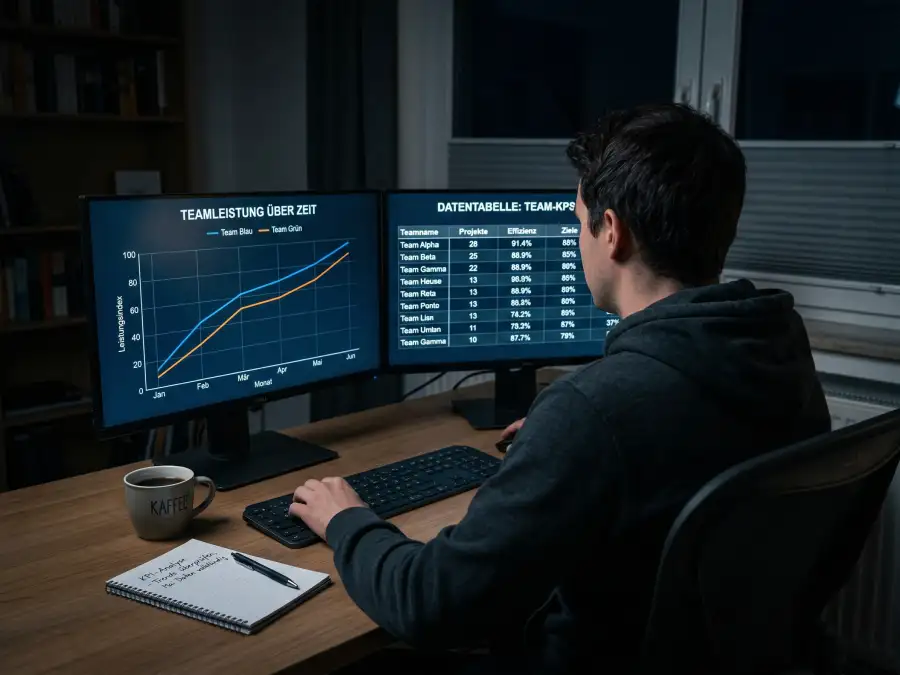 Datenbasierte LoL-Wettstrategie: Analyst vor Monitoren mit Match-Statistiken